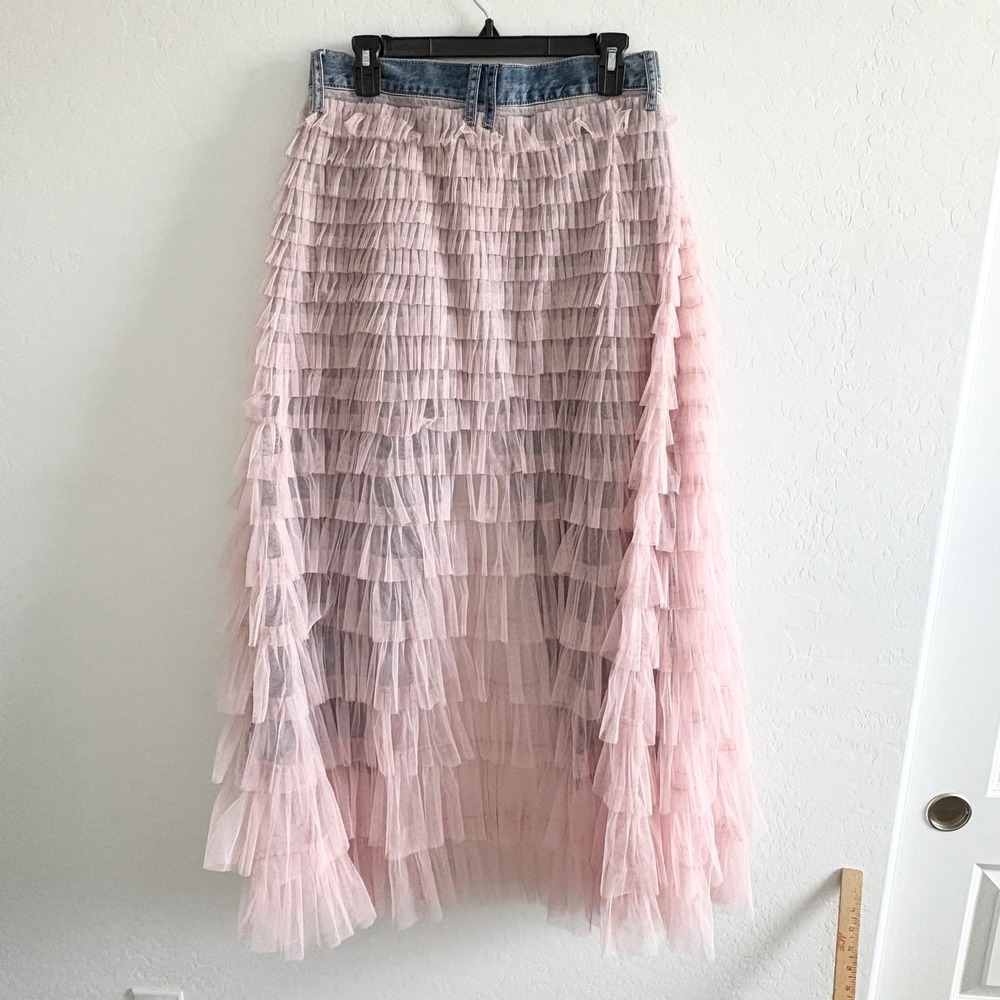 Free People We The Free Pirouette Pink Tiered Tulle Overlay Jeans Blue 28 - Picture 4 of 11
